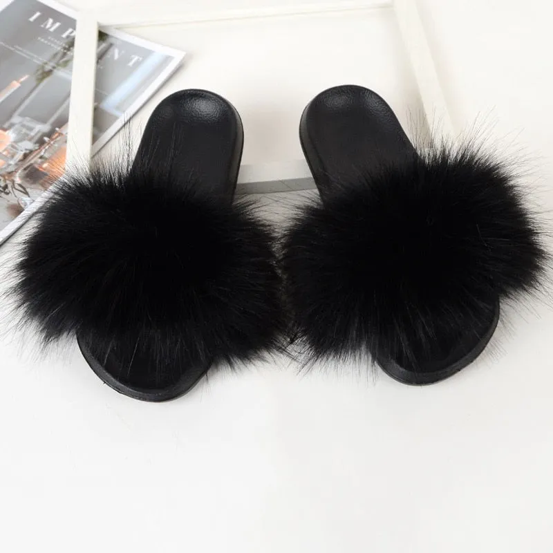 Women's Black Summer Synthetic Fur Fluffy Furry Slides Home Slippers