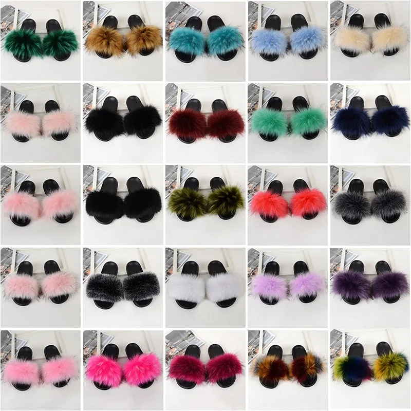 Women's Black Summer Synthetic Fur Fluffy Furry Slides Home Slippers