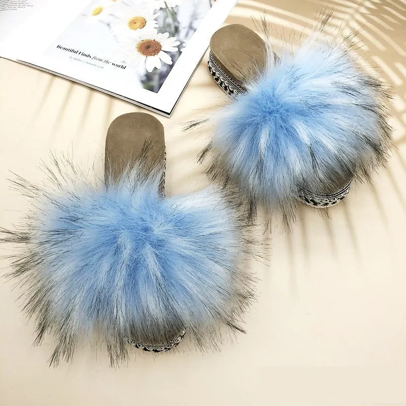 Women's Summer Sky Blue Synthetic Fur Rivet Platform House Slippers