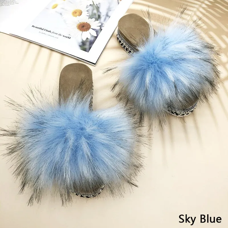 Women's Summer Sky Blue Synthetic Fur Rivet Platform House Slippers